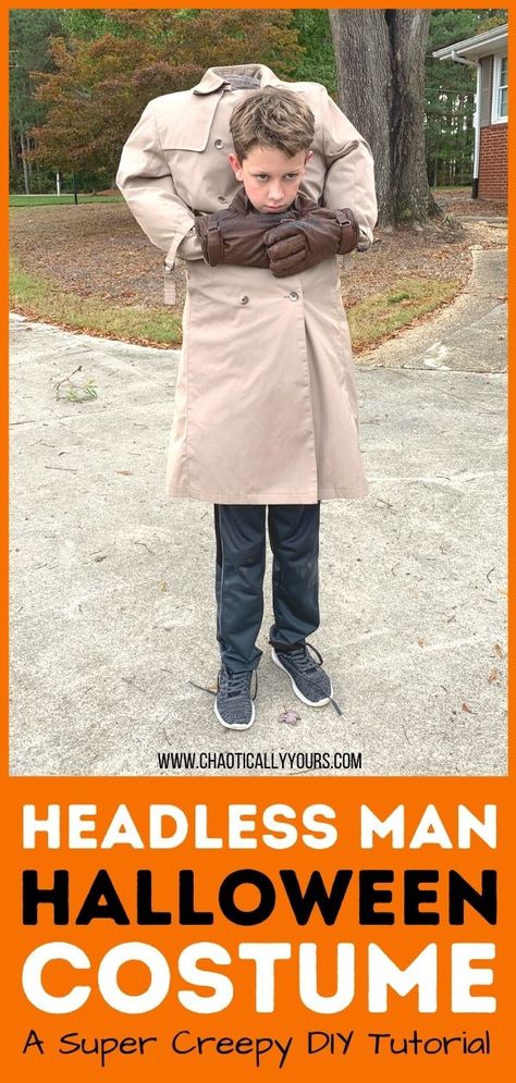 Check out this super easy, extra creepy Headless Man Halloween Costume. Use recycled materials to create the awesome optical illusion costume. Headless Man Costume For Kids, Spooky Mens Halloween Costumes, How To Make Headless Halloween Costume, Halloween Headless Costume, Head On Platter Costume, Scary Homemade Costumes, Halloween Costumes Headless, Headless Man Costume Diy, How To Make A Headless Costume Diy