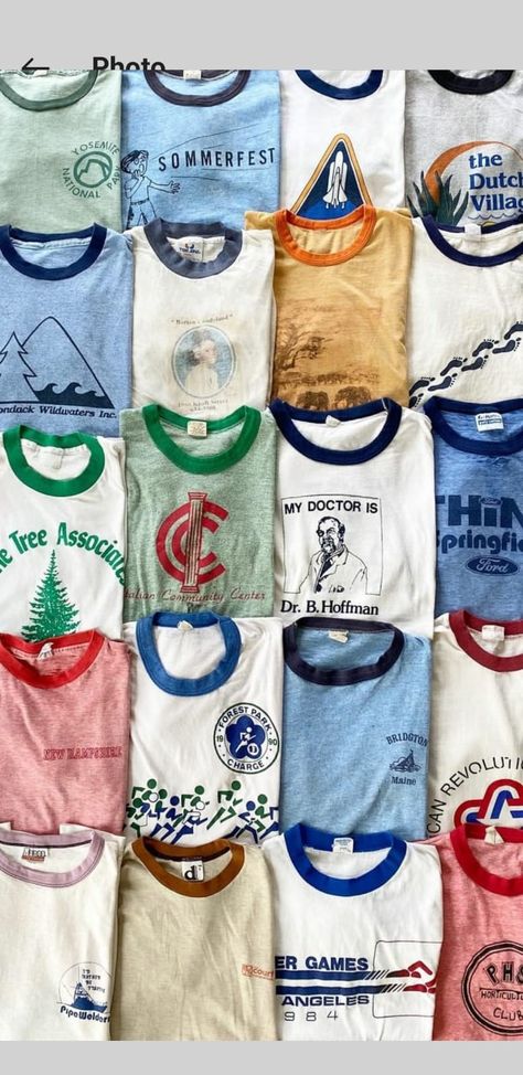 vintage ringers 70s Graphic Tees Vintage, 70s Vintage Tshirt, Ringer Shirt Outfit, Vintage Camp Tshirts, Vintage Ringer Tshirt, Retro Ringer Tee, Vintage Camp Shirt, 70s Graphic Tees, Syrup Branding