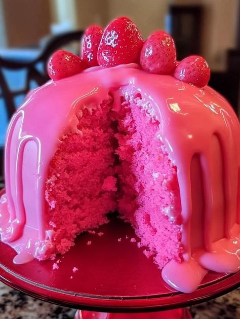 pink obsessed | Barbie Pink Strawberry Cake - the prettiest cake you’ll ever bake | Facebook Pink Strawberry Cake, Strawberry Cream Cheese Icing, Pink Obsessed, Cake With Strawberry, Strawberry Cake Recipes, Strawberry Cream Cheese, Cream Cheese Icing, Strawberry Cream, Pink Strawberry