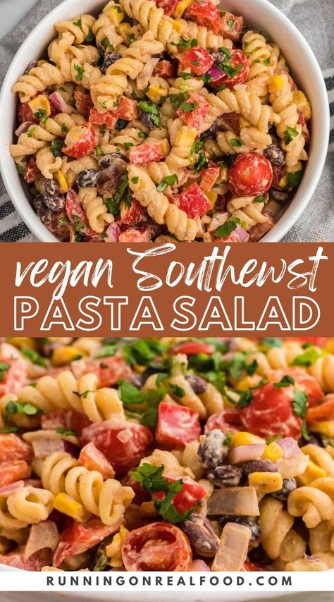 This vegan Southwest pasta salad is an excellent dish for summer. It’s light, refreshing, full of flavor, and perfect as a main dish, side dish or appetizer! If you’re in need of a fantastic side dish for a party, picnic, barbecue, or just for dinner at home, this creamy southwestern pasta salad with chipotle dressing is hard to beat. With its mixture of spices, lime juice, corn, black beans, and more, it’s an amazing twist on your standard pasta salad recipe. Vegan Southwest Pasta Salad, Vegetarian Pasta Salads, Pasta Salad Vegetarian, Southwestern Pasta, Pasta Salad Vegan, Salads Vegan, Southwest Pasta, Vegan Garden, Southwest Pasta Salad