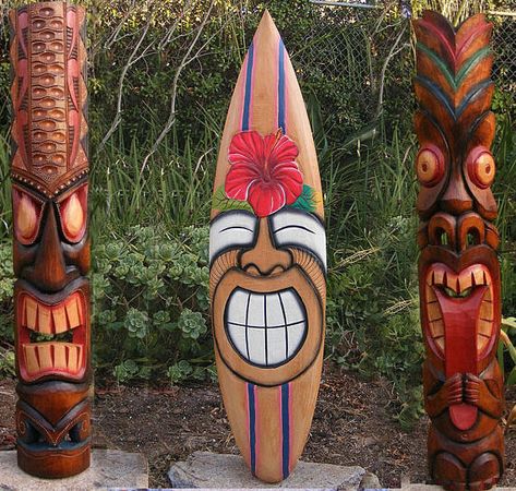 3 Piece Set Tribal Tiki Mask Package Deal Hibiscus, Sun Wood Patio Tropical Bar 40" Home Decore Outdoor surfboard Tiki Maske, Tropical Bar, Tiki Faces, Tiki Statues, Wood Surfboard, Tiki Totem, Tiki Decor, Tiki Bar Decor, Tiki Art