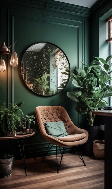 green chair with green plants arranged around it, in the style of studyplace, the snapshot aesthetic, wood, exotic, mirrored, contemporary diy, earth tones Deep Green Interior Design, Brown Green Interior Design, Earthy Tone Living Room Ideas, Monochrome Green Room, Black And Green Esthetician Room, Deep Green Room, Green Mancave, Forest Green Interior Design, Green Wood Living Room