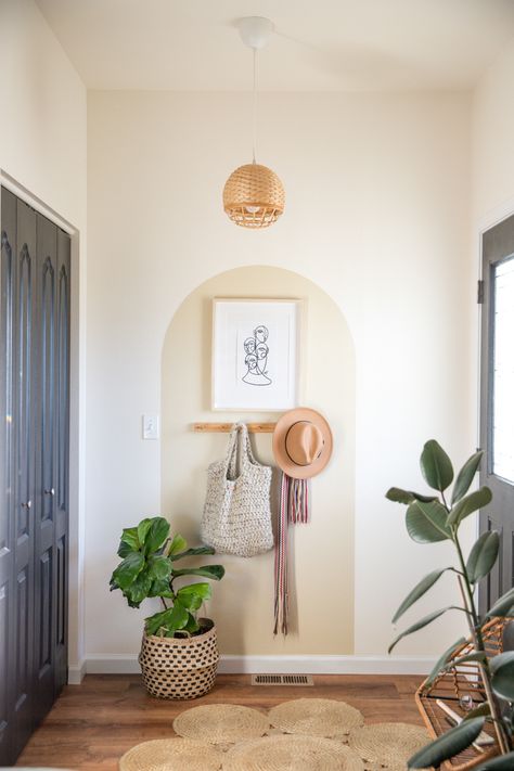 Boho Entryway Shelf, Small Entryway Shelves, Mid Century Boho Entryway, Modern Mexican Entryway, Modern Boho Foyer, Boho Front Entryway, Small Entry Way Accent Wall, Small Entryway With Wallpaper, Boho Small Entryway Ideas