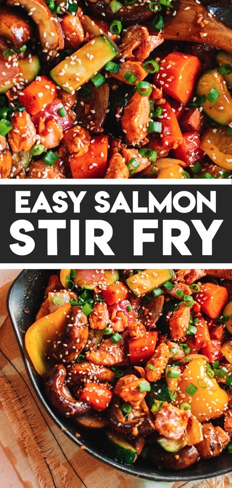 Salmon Stir Fry Healthy, Salmon And Stir Fry Veggies, Salmon Stir Fry Rice, Salmon Scraps Recipe, Stir Fry Salmon Recipe, Stir Fry Recipes Salmon, Stir Fry Salmon, Salmon With Rice And Veggies, Fish Stir Fry Recipes