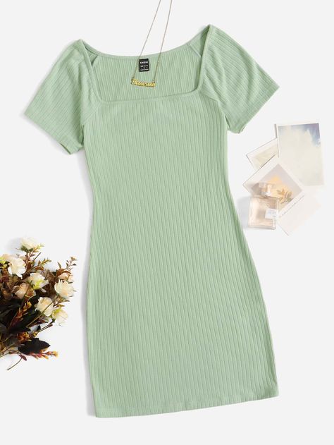 Mint Green Casual  Short Sleeve Polyester Plain Bodycon Embellished Slight Stretch Spring/Summer Women Dresses Ribbed Dress, Womens Knit Dresses, Ribbed Knit Dress, Ribbed Dresses, Women Dresses, Dress P, Square Neck, Summer Women, Mint Green