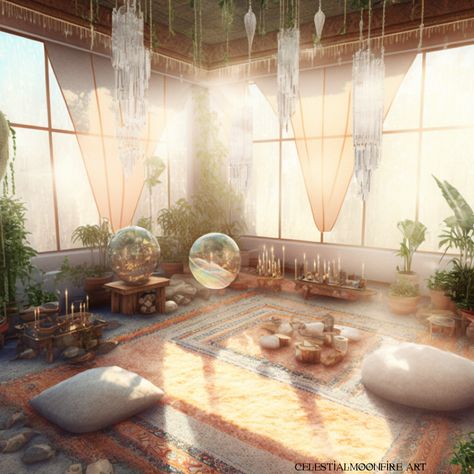 Meditation Room Crystals, Spiritual Spaces Meditation Rooms, Boho Healing Space, Sacred Meditation Space, Wellness Home Aesthetic, Bloxburg Meditation Room, Meditation Station Ideas, Healing Home Decor, At Home Meditation Room