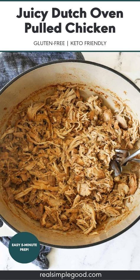 Juicy, Shredded Dutch Oven Pulled Chicken - Real Simple Good Oven Pulled Chicken, Air Fryer Pulled Pork, Pork Air Fryer, Pulled Pork Oven, Pulled Chicken Recipes, Dutch Oven Chicken, Pork Seasoning, Chicken Sandwich Recipes, Dutch Oven Recipes