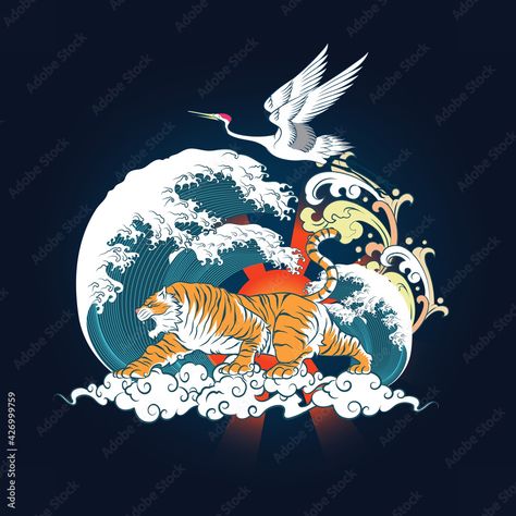 Tiger And Crane, Rising Sun Tattoos, Tail Tattoo, Asian Background, Asian Tigers, Flying Crane, Crane Tattoo, Tiger Images, Japanese Tiger