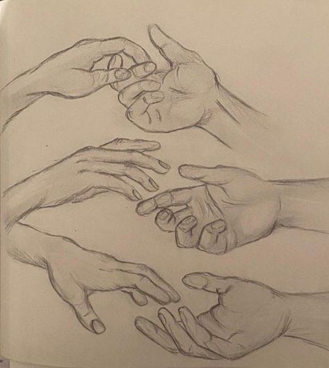 Two Hands Drawing Reference, Hands Touching Sketch, Holding Hands Drawing Sketches, How To Draw A Hand Reaching Out, Two Hands Sketch, Hand In Pocket Drawing, Hands Reaching Out Drawing, Resting Head On Hand Reference, Hands Touching Drawing