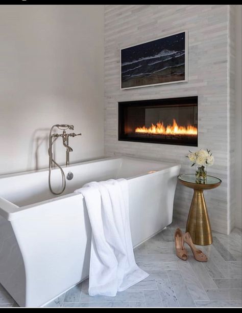 Bathtub With Fireplace, Freestanding Tubs In Master Bath, Soak Tub, Fireplace And Tv, Contemporary Western, Tv In Bathroom, Stand Alone Tub, Bathroom Fireplace, Bathtub Decor