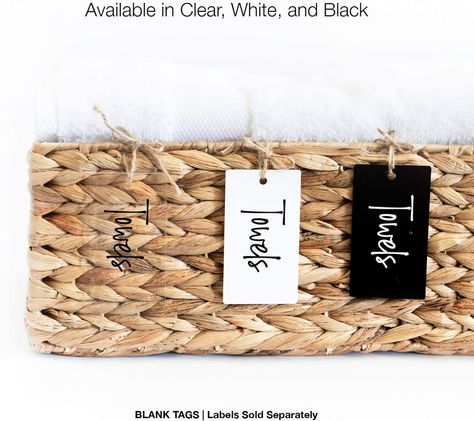 Labels For Baskets, Kitchen Pantry Labels, Label Clips, Basket Labels, Basket Tags, Black Basket, White Baskets, How To Make Labels, Fabric Storage Bins