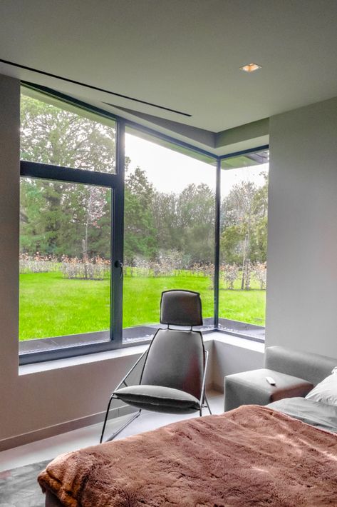 An opening window within a structural glass corner window Villain House, Bedroom Window Design, Angled Roof, Corner Window, Bedroom Window, Bedroom Windows, Aluminium Doors, Dream Houses, Window Design