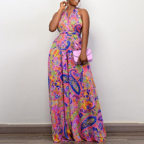 Item NO.: AT_C8487Price: US$ 11.94Category: Dresses > Maxi DressesColor: pink, red, goldSize: S, M, L, XL, 2XL, 3XLTag: Wholesale Holiday DressesDescription: PolyesterDetail: This Plus Size Women African Print Halter Neck Beach Jumpsuit Design Made Of High Quality Polyster And Spandex Material, Which Is Stretchy, Soft And Comfortable. The Is Always On Trend. This Casual Maxi Dresses Is a Must-Have For Vocations And Dating Occasions. Maxi Dresses At Global Lover Comes With Huge Selections Of Colo Loose Overalls, Beach Jumpsuits, Elegante Y Chic, Jumpsuit Casual, Strappy Maxi Dress, Backless Jumpsuit, Pink Jumpsuit, Jumpsuit Outfit, Women Halter