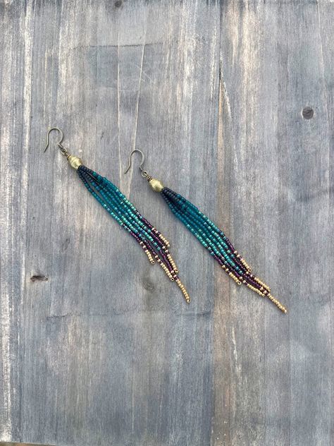 Long Seed Bead Earrings Peacock Colors Ombre Pattern Beaded - Etsy Long Seed Bead Earrings, Boho Beaded Earrings, Seed Bead Jewelry Patterns, Ombre Pattern, Peacock Colors, Beaded Fringe Earrings, Native American Beaded Earrings, Beaded Earrings Patterns, Earrings Bohemian