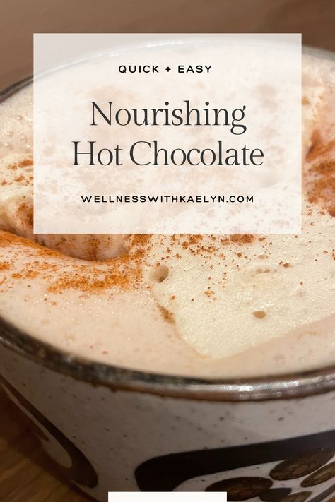 If you're like me, you love to cozy up with a hot cup of hot chocolate-- and in this post I am sharing my favorite easy and nourishing hot cocoa recipe that is packed with protein! easiest hot chocolate recipe for fall and winter, Easy hot cocoa recipe with protein, protein hot chocolate, collagen hot chocolate Cacao Hot Chocolate Recipes, Collagen Hot Chocolate Recipe, Protein Hot Cocoa, Hormone Balancing Hot Chocolate, Healthier Hot Chocolate, Whole 30 Hot Chocolate, Collagen Hot Chocolate, Protein Hot Chocolate Recipes, Sugar Free Hot Cocoa Mix Recipe