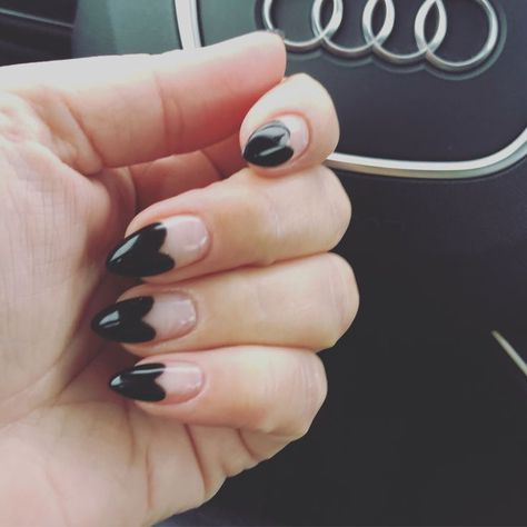 Black French Tip Nails Almond With Heart, Heart Tip French Nails, Black With Heart Nails, Black French Heart Nails, Black Heart Manicure, Black Heart French Tip Nails, Black Heart Almond Nails, Black Heart French Tips, Black Heart Tip Nails