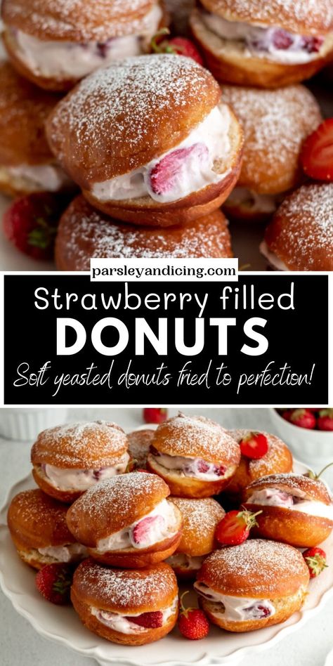 Fried Doughnut Recipe, Best Donut Recipe, Strawberry Doughnut, Ricotta Cream, Strawberry Filled Donuts, Breakfast Donuts, Whipped Ricotta, Icing Recipes, Strawberry Donuts