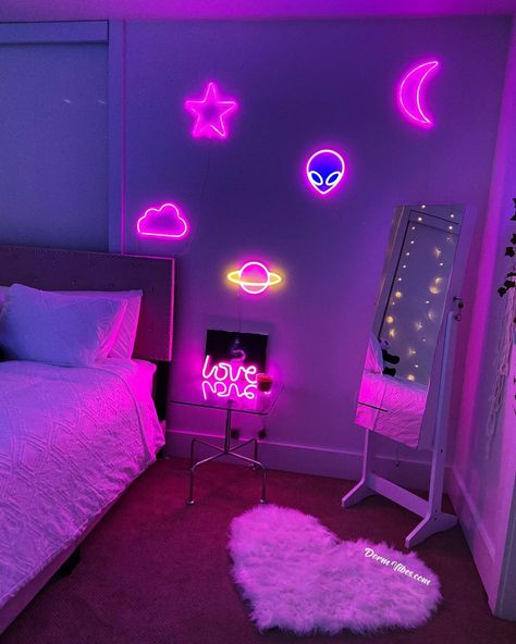 Neon Bedroom, Neon Room, Girly Room, Small Bedroom Decor, Purple Walls, Cute Bedroom Decor, Christmas Bedroom, Dream Room Inspiration, Room Makeover Bedroom