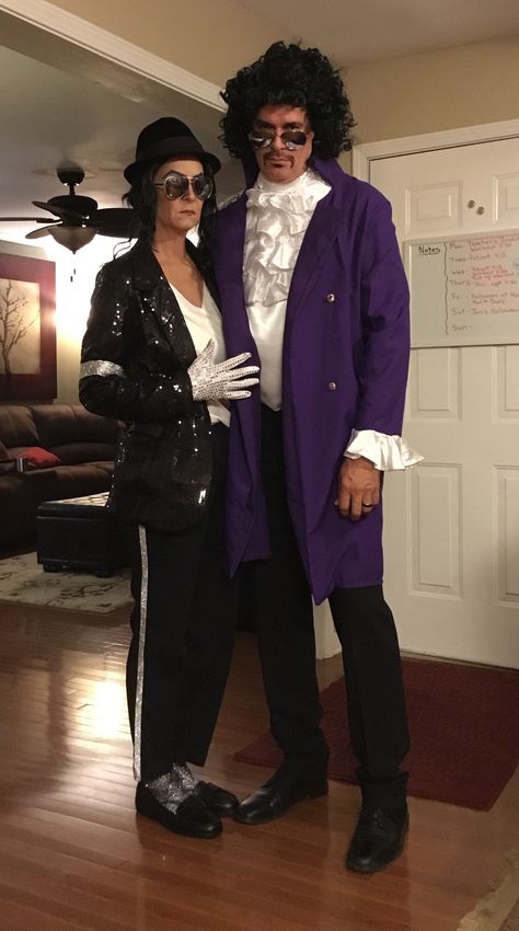 Couples Costume: Michæl Jackson and Prince Funny Decades Costume, Female Prince Outfit, Michael Jackson Costume Female, Prince Halloween Costume, Michael Jackson Halloween Costume, Michael Jackson Halloween, Partner Costumes, Michael Jackson Costume, Decades Costumes