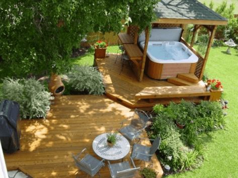 Hot Tub Deck with Gazebo and Patio Setting Whirlpool Deck, Hot Tub Deck Design, Hot Tub Privacy, Hot Tub Landscaping, Tub Deck, Hot Tub Patio, Hot Tub Designs, Outdoor Hot Tub, Hot Tub Gazebo