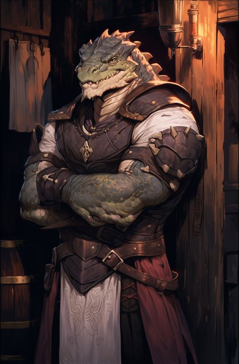 Crocodile Dnd Character, Dnd Barkeep, Lizard Man Character Design, Lizardfolk Character Art, Beastman Fantasy Art, Lizardfolk Monk, Crocodile Character Design, Lizardfolk Barbarian, Dungeons And Dragons Npc