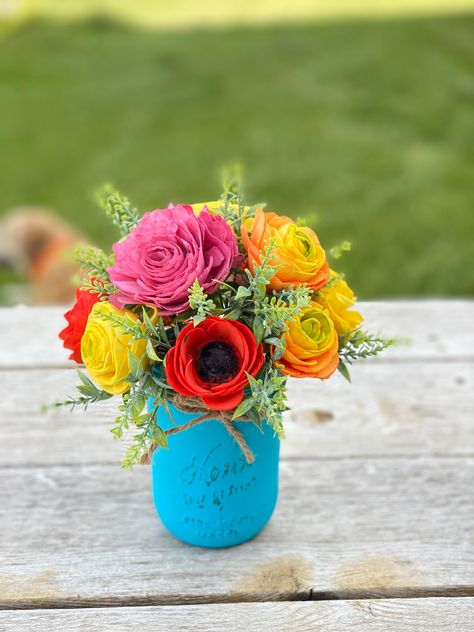 Summer Flower Arrangement, Mason Jar Flower Centerpiece, Orange Peach Yellow, Mason Jar Decor, Sola Arrangement, Baby Shower Gift, Wedding Table Centerpiece, Mothers Day Gift This listing is for pint size (16oz) Mason jar filled with beautiful sola wood flowers that lasts as long as you wanna keep them. NOTE: This arrangement is processed in 1-2 weeks and ships priority mail (1-3 days). If you need this arrangement sooner, I offer RUSH ORDER processing in 3-5 days and ships priority (1-3 days) f Centerpiece Mason Jar, Fiesta Table, Summer Flower Arrangements, Mexican Party Decorations, Mason Jar Decor, Fiesta Theme Party, Mexican Party Theme, Mason Jar Flowers, Flower Centerpiece