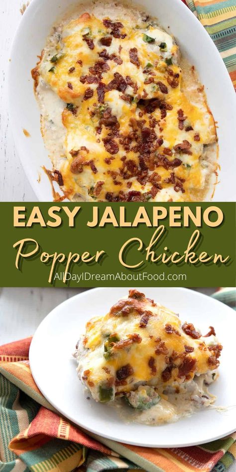 This creamy Jalapeño Popper Chicken is an easy and flavorful family dinner. Ready in 45 minutes, it has all the flavors of your favorite appetizer in a low carb, keto friendly casserole. Dishes With Jalapenos, Jalapeños Popper Chicken, Slow Cooker Jalapeno Popper Chicken, Jalapeño Chicken Bake, Easy Dinner Recipes With Cream Cheese, Cream Cheese Jalapeno Chicken, Jalapeño Stuffed Chicken Breast, Jalapeño Cream Cheese Chicken, Jalapeño Popper Chicken Bake