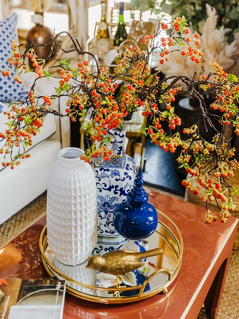 Chinoiserie Fall Mantle, Over The Top Fall Decor, Blue Sofa Fall Decor, Chinoiserie Fall Decorating, Fall Chinoiserie Decor, Blue And White Fall Decor Ideas, Grand Millennial Fall Decor, Blue And Orange Fall Decor, Fall Centerpiece Ideas