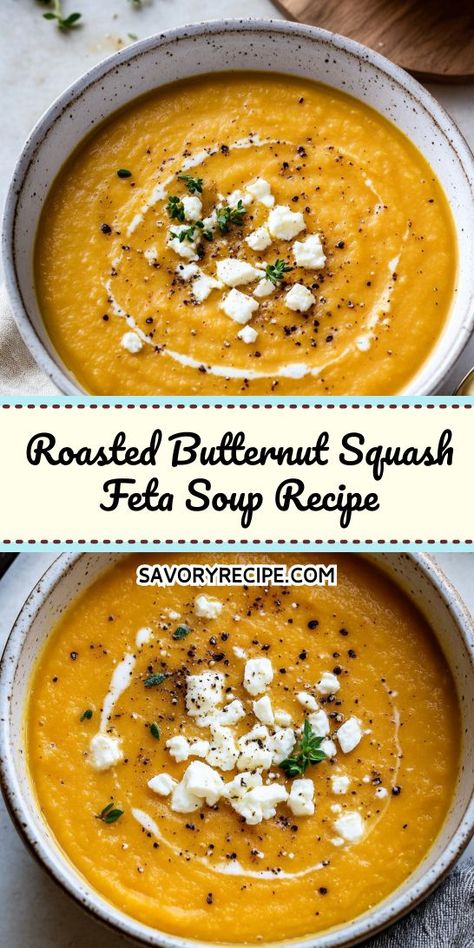 Treat yourself to a bowl of Roasted Butternut Squash Feta Soup! This delightful soup is a perfect blend of sweet and savory, making it a favorite for cold days. Rich in vitamins and flavor, it’s a healthy choice that doesn’t compromise on taste. Serve warm and enjoy a comforting meal! Roasted Butternut Squash Soup Recipes, Butternut Squash Feta, Squash Soup Recipes, Feta Soup, Butternut Squash Recipes Healthy, Roasted Squash Soup, Best Butternut Squash Soup, Savory Butternut Squash, Butternut Squash Recipes Roasted