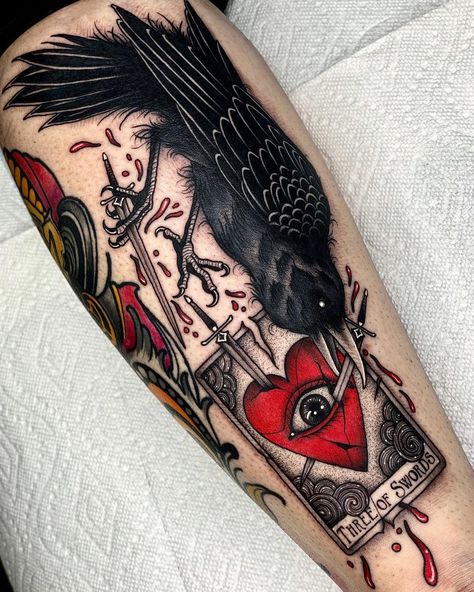 Three Of Swords Tattoo, Black Casket, December Tattoo, Swords Tattoo, Halloween Tattoos Sleeve, Three Of Swords, Tarot Card Tattoo, Raven Tattoo, Gothic Tattoo