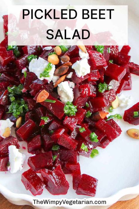 Make this pickled beet salad for a delicious way to eat beets. Pickled beets are topped with feta and pepitas and drizzled with chive oil. Pickled Beet Recipes Easy, Pickled Beets Salad Recipe, What To Do With Pickled Beets, Recipes Using Pickled Beets, Recipes With Pickled Beets, Pickled Beet Salad Recipes, Pickled Beets Recipe Dishes, Canned Beets Recipe Ideas, Pickled Beets Salad