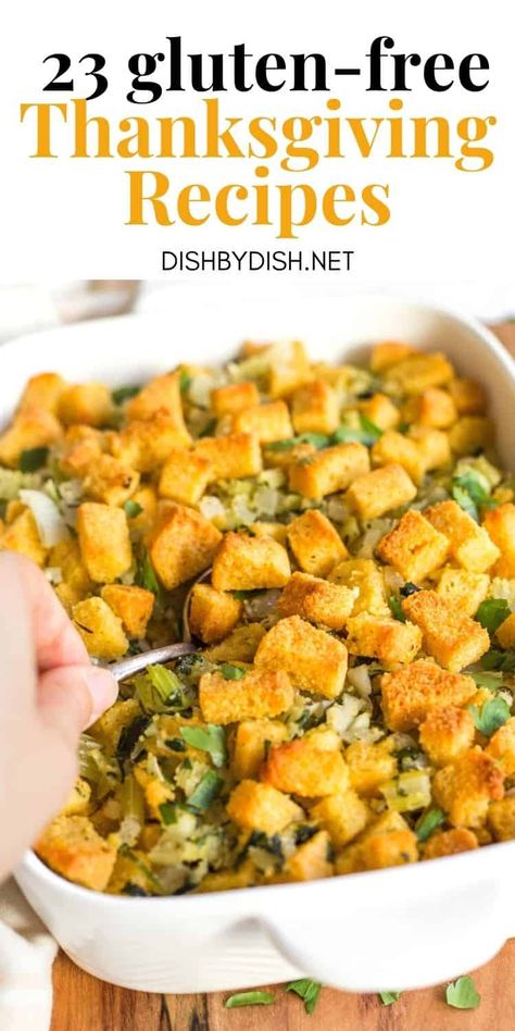 Here are 23 amazing gluten-free Thanksgiving recipes to celebrate and feast on with your family and friends! Gluten Free Dressing Recipes, Gluten Free Cornbread Dressing, Gluten Free Thanksgiving Side Dishes, Dairy Free Thanksgiving Recipes, Easy Cornbread, Turkey Stuffing Recipes, Dairy Free Breakfast Recipes, Gluten Free Holiday Recipes, Gluten Free Thanksgiving Recipes