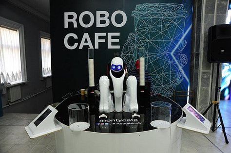 Sci Fi Coffee Shop, Futuristic Cafe Design, Futuristic Coffee Shop, Robot Moodboard, Robot Exhibition, Mobile Coffee Cart, Mars Colony, Robot Restaurant, Technology Museum