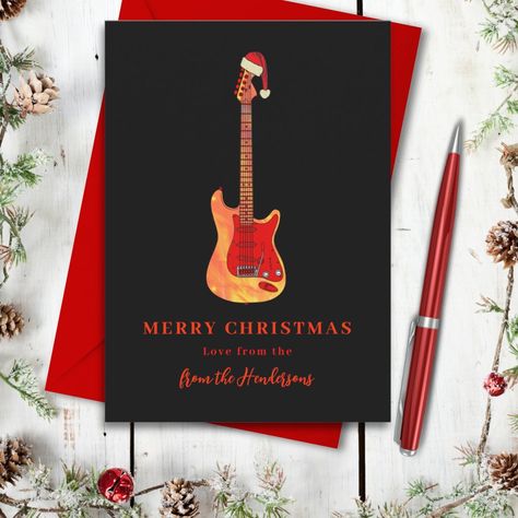 Music Themed Sylish Guitar Merry Christmas Holiday Card Christmas Guitar, Simple Drawings, Santa Hats, Christmas Holiday Cards, Music Themed, Mugs Stickers, Stocking Fillers, Electric Guitars, Cards To Make