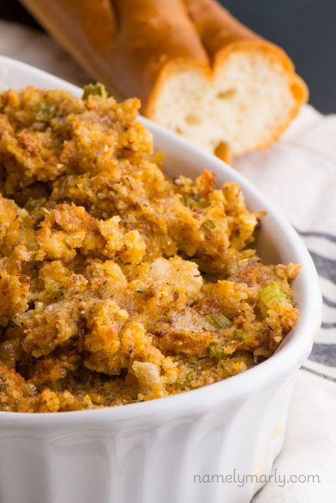 This easy vegan stuffing is quick and delicious. Prepare it the day of your big dinner or make ahead. It tastes just like the one mom made...but it's vegan! Vegan Stuffing Recipe, Vegetarian Stuffing Recipe, Gluten Free Stuffing Recipes, Vegan Stuffing, Vegetarian Stuffing, Vegan Thanksgiving Dinner, Vegan Holiday Recipes, Vegan Thanksgiving Recipes, Vegan Thanksgiving