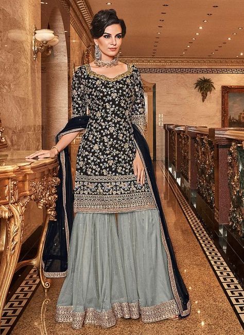 Black and Grey Embroidered Gharara Suit Pakistani Sharara, Orang India, Gharara Suits, Sharara Designs, Gaun Fashion, Sharara Suit, Salwar Kamiz, Indian Suits, Indian Dress