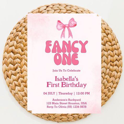 Minimalist Pink Bow Fancy One Pink Bow Coquette Girl 1st Birthday Party Invitation  Celebrate your precious one's 1st birthday with style! Our editable fancy pink watercolor ribbon bow invitation will leave your guests swooning. Not only exquisite and charming, it's easy-to-customize, ensuring the invitation is as unique as your little lady. Get ready to make the celebration of your baby's 1st year memorable with our coquette girl 1st birthday party invitation. First Birthday Bow Theme, Bow First Birthday Party, Bow Birthday Party Ideas, Watercolor Ribbon, Bow Theme, Bow Invitation, Baby First Birthday Themes, Pink First Birthday, Birthday Boards