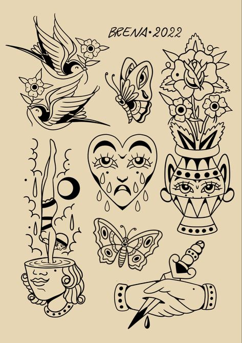 Pierce The Veil Tattoos Traditional, Tradition Tattoo Designs, American Trad Flash Sheet, Old School American Tattoo, Traditional Line Work Tattoo, Small American Traditional Tattoo Flash, Modern American Traditional Tattoo, American Traditional Tattoo Design Old School, Flash Tattoo Traditional