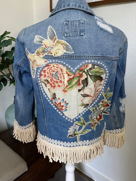 Bohemian, Upcycled, Bride, Birthday, Birthday Announcement Jean Jacket, Special Occasion, Wearable Picture Frame Denim Jacket, Concert Top - Etsy Birthday Announcement, Concert Top, Bride Birthday, Upcycled Denim Jacket, Embellished Denim Jacket, Diy Jacket, Denim Projects, Repurposed Clothing, Denim Ideas