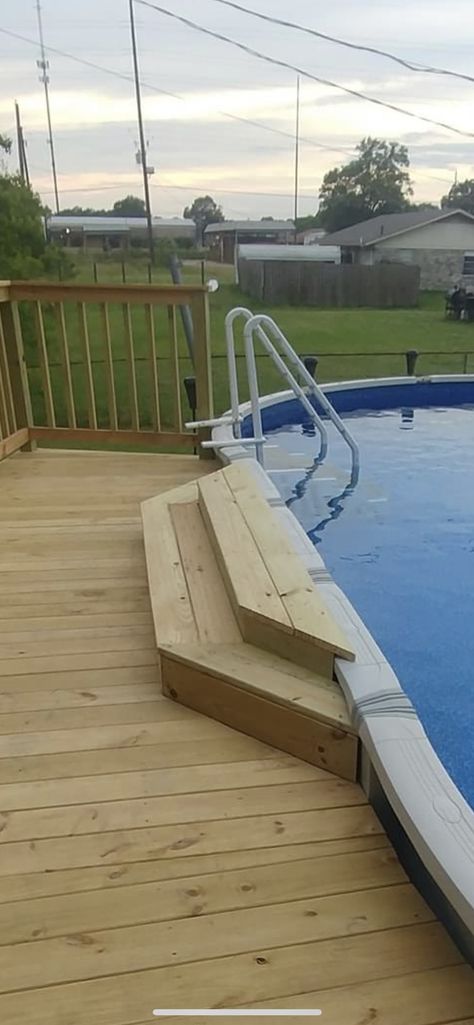 Build Deck Around Above Ground Pool, Step Up Deck To Above Ground Pool, Pool Railing Ideas, Pool Jumping Platform, Above Ground Pool Steps Ideas, Swimming Pool Hacks, Above Ground Pool Landscape Ideas, Small Pool Backyard, Pool Platform