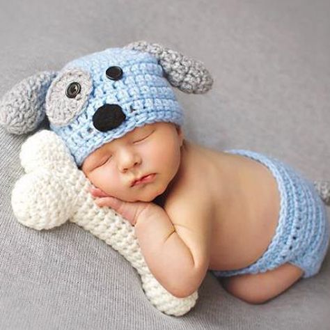 Dog Design Baby Photography Prop Pants, Hat and BoneSet Puppy Hats, Boy Crochet, Puppy Costume, Baby Fotografie, Newborn Puppies, Natural Newborn, Infant Photography Props, Bonnet Crochet