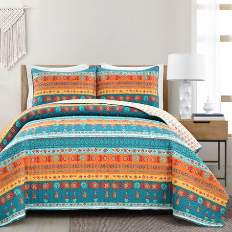 Lush Decor Boho Watercolor Border Polyester Reversible Quilt, Full/Queen, Turquoise/Multi, 3-Pc Set - Walmart.com Bohemian Style Quilts, Watercolor Quilt, Bright Watercolor, Bohemian Quilt, Watercolor Border, King Quilt Sets, Boho Watercolor, Lush Decor, Southwest Design