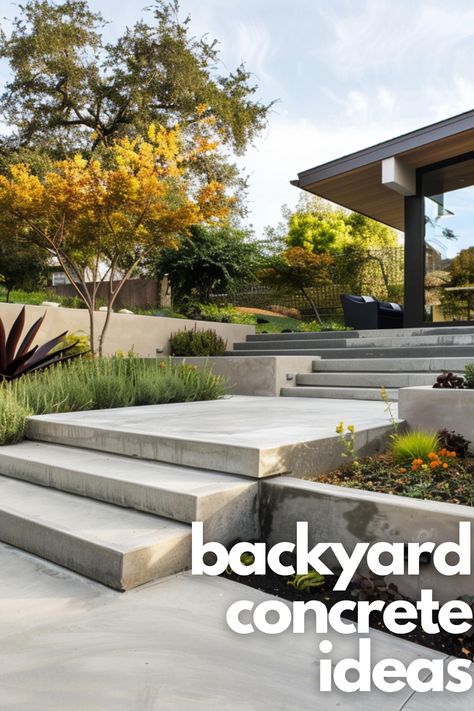 Embrace contemporary concrete landscaping for a chic, sustainable outdoor solution. These backyard ideas blend modern aesthetics with eco-friendly durability, perfect for the modern homeowner. Concrete Ideas Backyard, Modern Cement Patio, Sand In Backyard Ideas, Back Patio Concrete Ideas, Concrete Yard Ideas, Concrete Outdoor Area, Cement Backyard Ideas, Outdoor Concrete Patio Ideas, Contemporary Backyard Landscaping