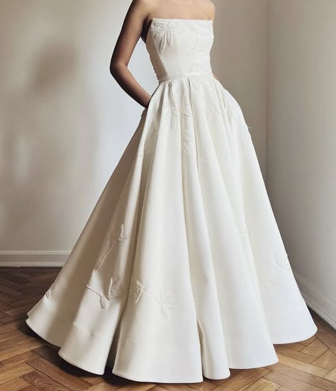 Dior Inspired Wedding Dress, Strapless Ball Gown Wedding Dress Lace, Simple Satin Wedding Dress A Line, Wedding Dress Structured Bodice, Classic Wedding Dress Timeless Classy Lace, Wedding Dress Classy Elegant, Caroline Castigliano Wedding Dress, Embroidered Satin Wedding Dress, Satin Classic Wedding Dress