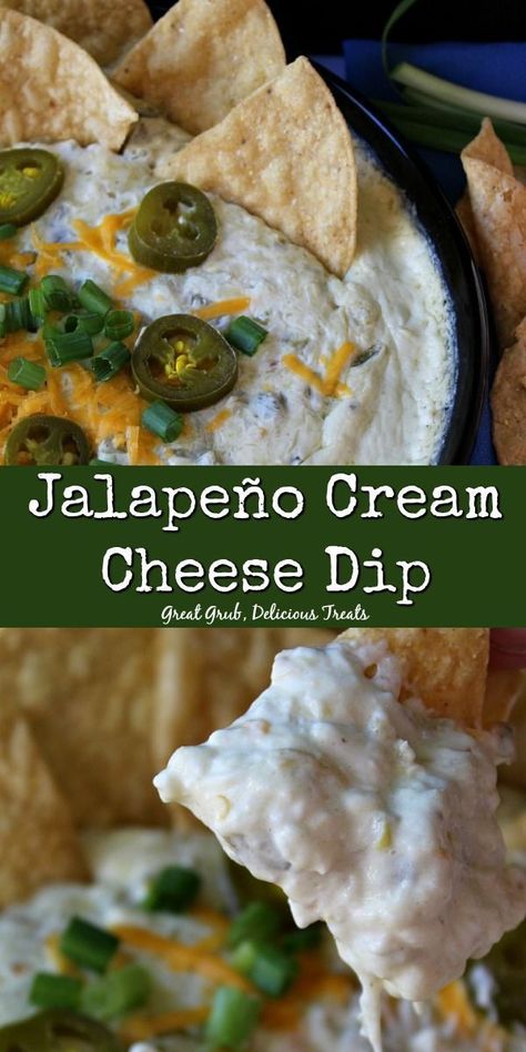 Jalapeno Cream Cheese Dip is a very tasty and popular dip recipe. Loaded with cream cheese, Pepper Jack cheese, diced green chilies, jalapenos and more. #diprecipes #jalapeno #creamcheese #appetizers #greatgrubdelicioustreats Cream Cheese Nachos, Cheese Jalapeno Dip, Tailgate Dips, Clemson Tailgating, Jalapeno Cream Cheese Dip, Jalapeno Cream Cheese, Popular Dips, Cold Dips, Jalapeno Dip