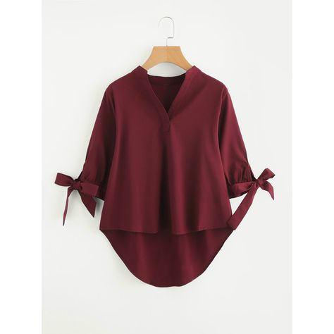 SheIn(sheinside) Tie Cuff Dip Hem Blouse (225 ARS) ❤ liked on Polyvore featuring tops, blouses, burgundy, red bow blouse, half sleeve blouse, elbow length sleeve tops, red blouse and bow tie blouse Tie Cuff Blouse, Summer Chiffon Blouse, Dip Hem Blouse, Áo Blu, Burgundy Blouse, Fashion Tops Blouse, Bow Blouse, Asymmetrical Tops, Chiffon Blouse