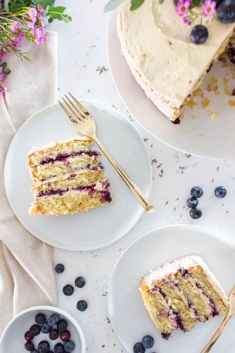 This blueberry lavender naked cake is four layers of lightly sweet blueberry jam with whipped vanilla buttercream. It's perfect for any occasion! Blueberry Lavender Cake, Mascarpone Buttercream, Lavender Jam, Cake With Mascarpone, Lemon Blueberry Cake, Blueberry Lavender, Lavender Cake, Culinary Lavender, Spring Cake