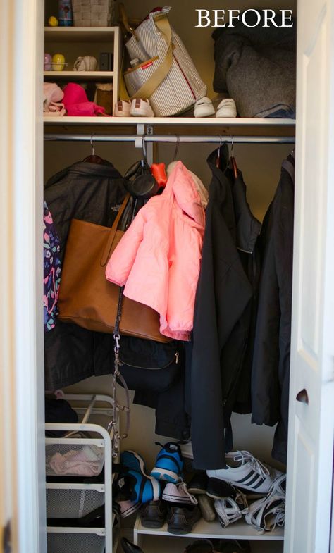 Coat Closet Makeover | Nick + Alicia Front Entry Closet Organization, Turning Closet Into Mudroom, Closet Turned Into Mudroom, Closet Into Mudroom, Small Entry Closet Ideas, Small Entry Closet, Entry Closet Ideas, Entry Closet Makeover, Coat Closet Makeover