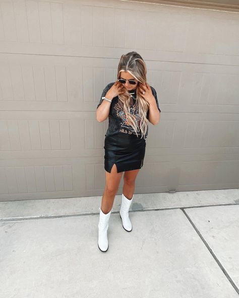 Concert Leather Skirt Outfit, Dylan Scott Concert Outfits, Black Leather Skirt Outfit Concert, Denim Skirt Country Concert Outfit, Country Concert Skirt, Brooks And Dunn Concert Outfit, Concert Outfit Leather Skirt, Country Concert Outfit Amazon, Leather Skirt Concert Outfit