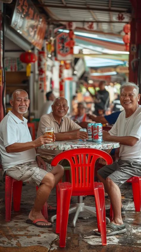 Midjourney AI Image: real photo, singapore kopitiam, uncles and fathers wearing white singlet, happy drinking, sitting ar... → more in ai-img-gen.com Singapore People, White Singlet, Busy Street, Plastic Chair, Drinking Beer, Real Photos, Street Photography, A Table, Singapore